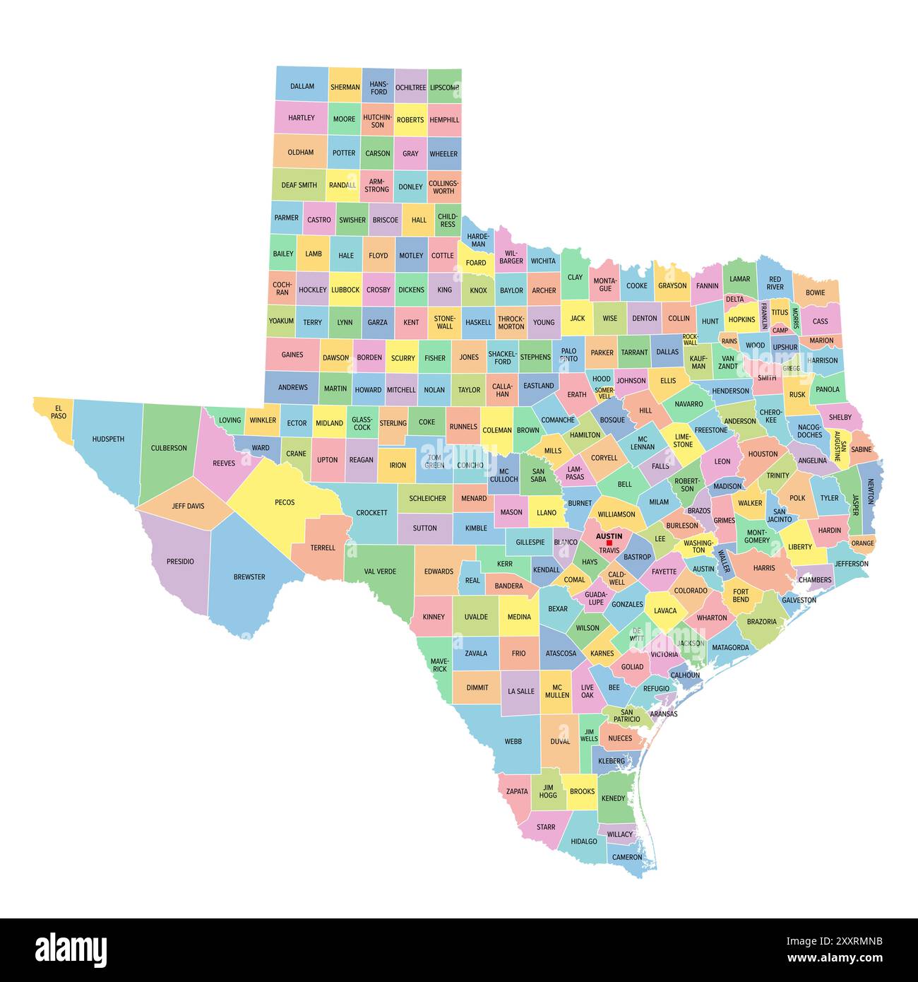 Texas, Stati Uniti, mappa politica multicolore con confini, nomi di contea e capitale Austin. Stato nella regione centro-meridionale degli Stati Uniti. Foto Stock