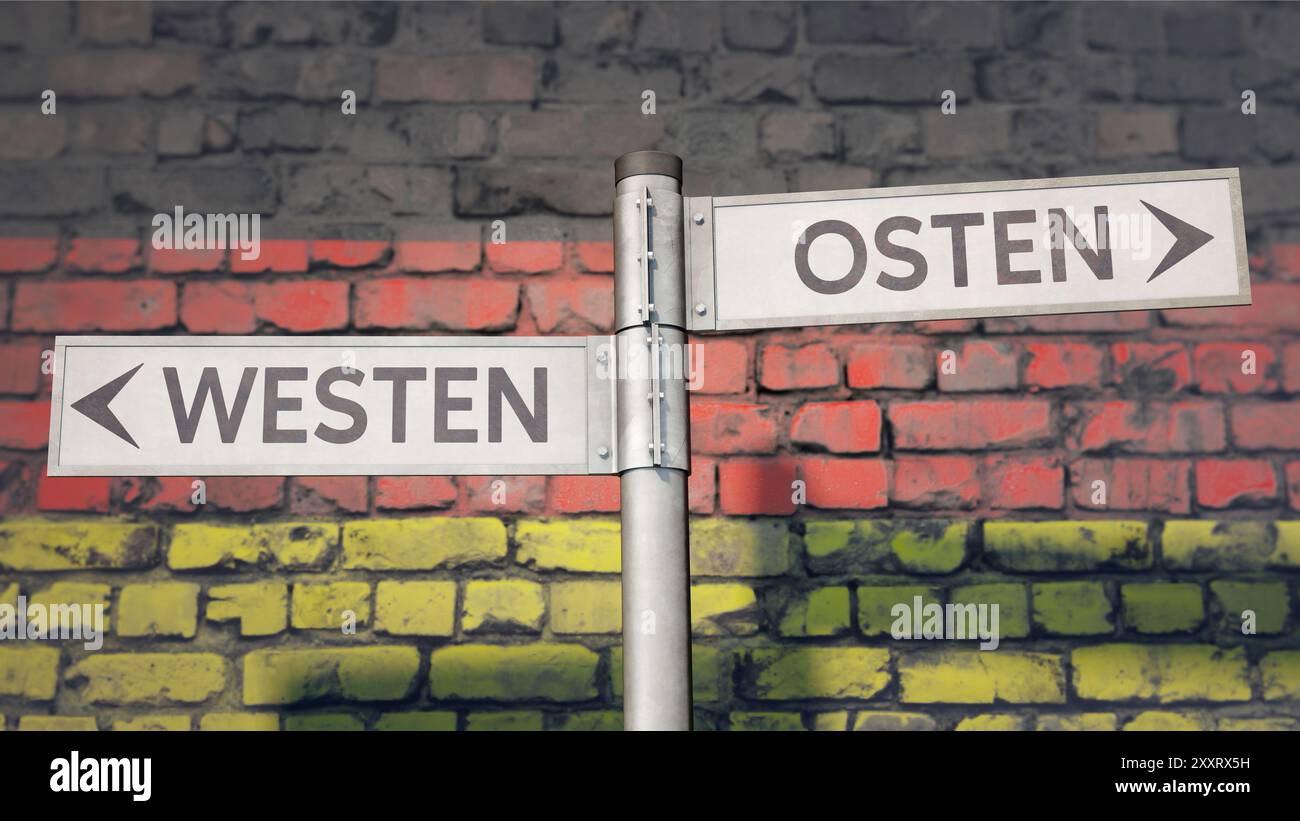 Cartello con le parole tedesche Westen (ovest) e Osten (est) Foto Stock