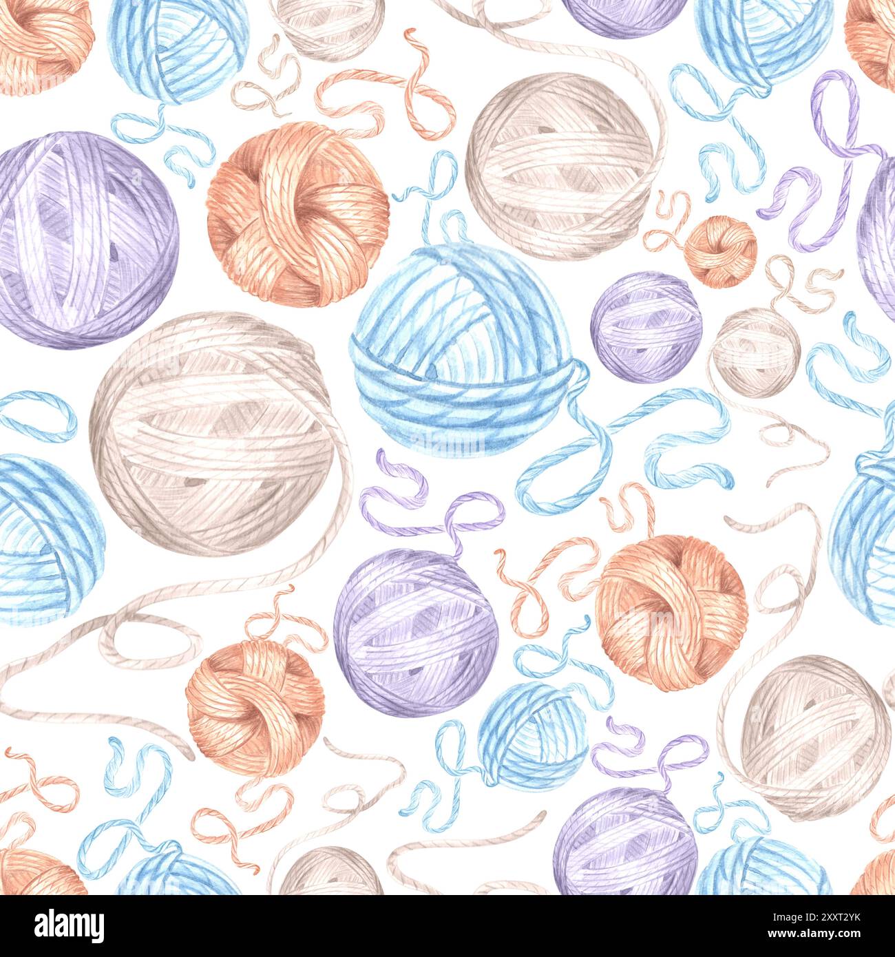 Palle di filato grovigli di lana o cotone. Motivo senza cuciture per un'accogliente lavorazione a maglia per hobby. Illustrazione ad acquerello disegnata a mano. Sfondo di ricreazione. Modello Foto Stock