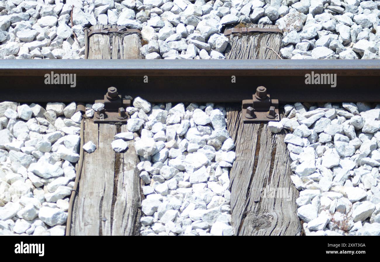 una coppia di viti in ferro sul binario ferroviario Foto Stock