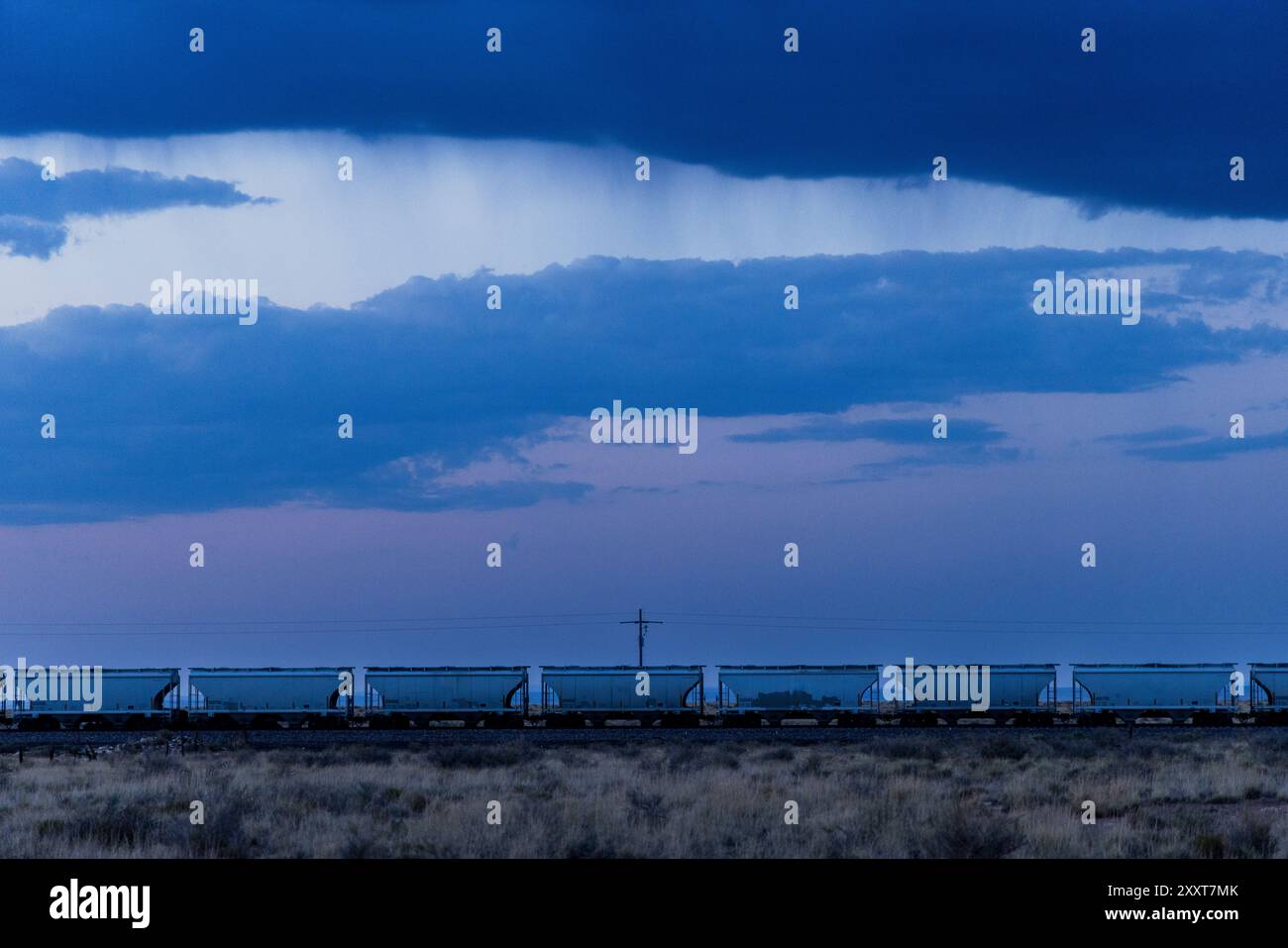 Una fila di vagoni ferroviari alla fine della giornata, luce blu Foto Stock