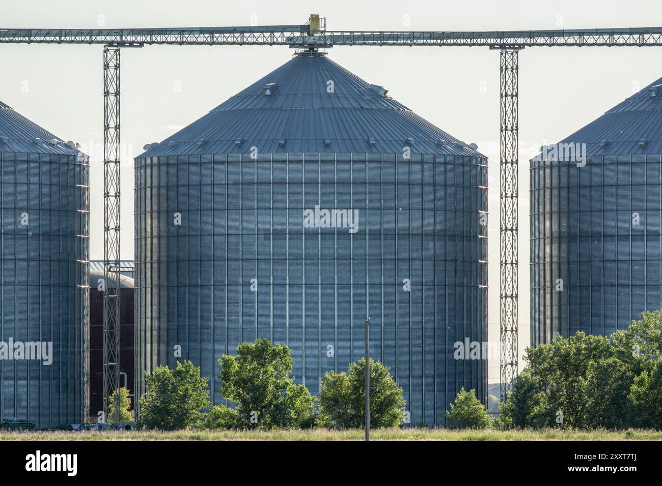 Vista simmetrica dei silos nel paese al tramonto Foto Stock