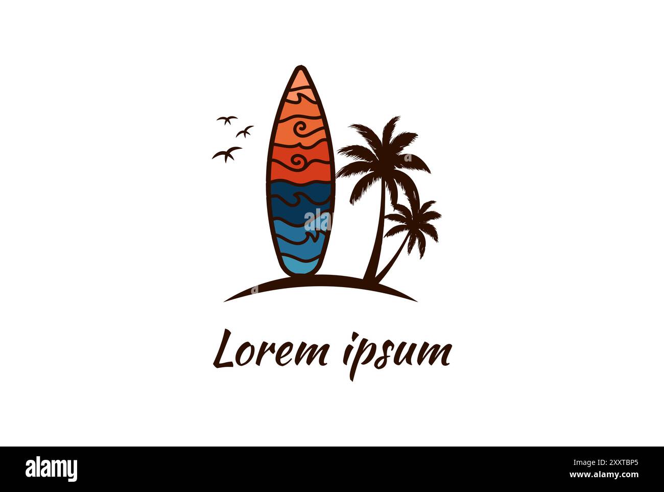 Surfboard Beach, Sea Surf con motivo hawaiano tribale e logo Palm Tree vettoriale Illustrazione Vettoriale