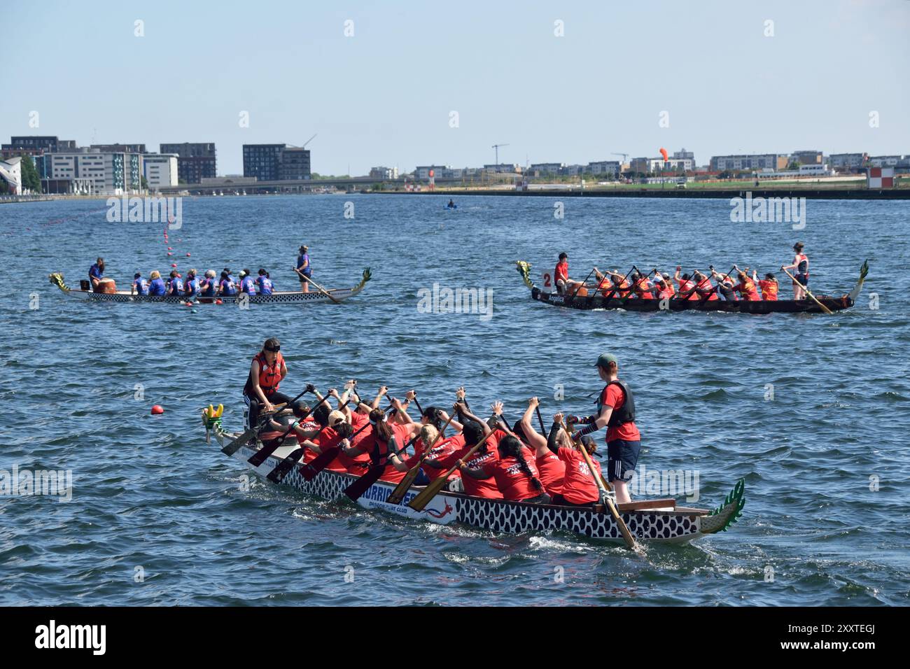 Evento British Dragon Boat Racing Association (BDA) che si svolge al Royal Albert Dock di Newham, Londra, nell'agosto 2024. Foto Stock