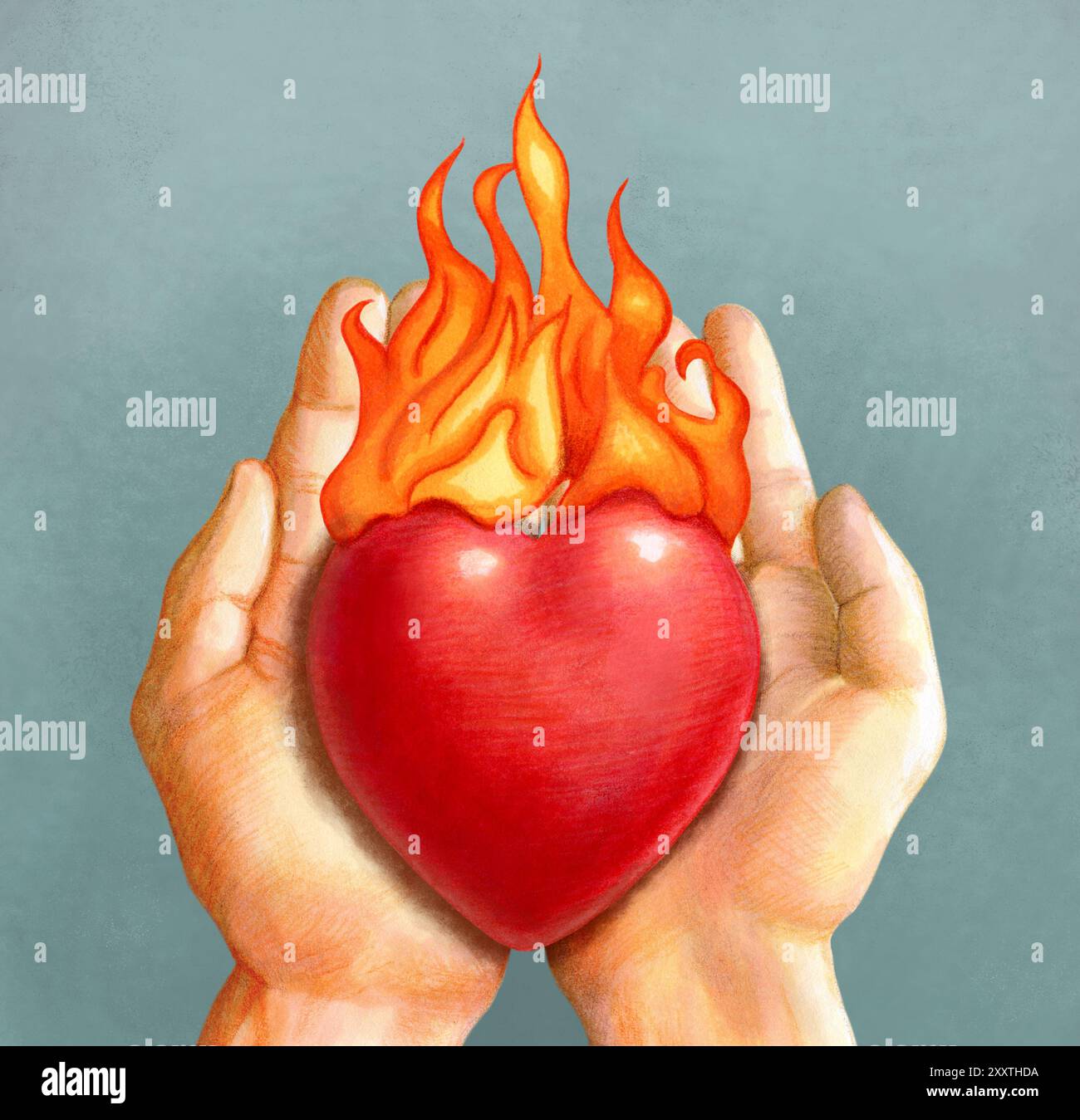 Mani chiuse che tengono un cuore fiammeggiante. Illustrazione tradizionale, la mia opera d'arte. Foto Stock