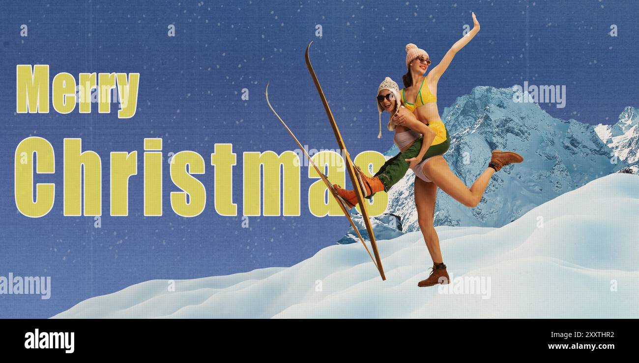 Poster. Collage d'arte contemporanea. Due donne in abiti da sci vintage, in equilibrio a mezz'aria, catturano il divertimento e lo spirito delle vacanze spensierato. Effetto testurizzato. Foto Stock