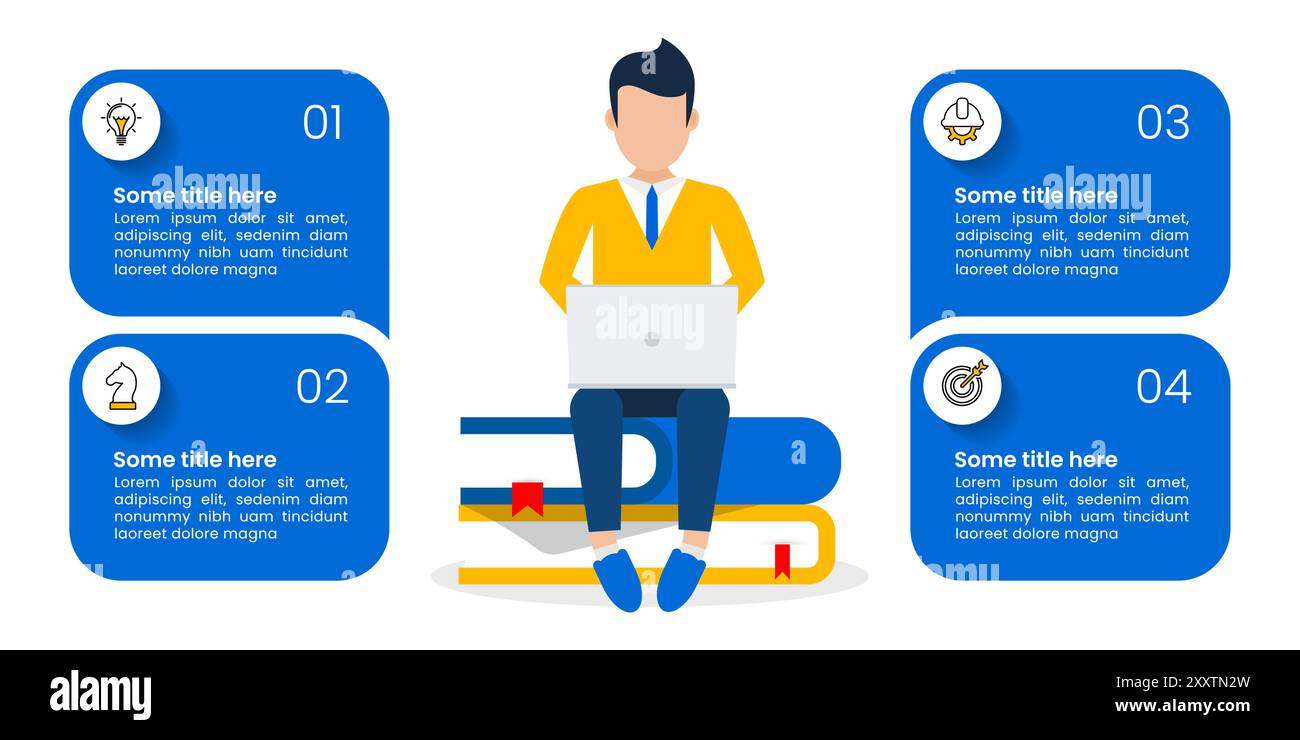 Modello infografico con icone e 4 opzioni o passaggi. Concetto di istruzione. Può essere utilizzato per layout del flusso di lavoro, diagrammi, banner, webdesign. Illustr. Vettoriale Illustrazione Vettoriale