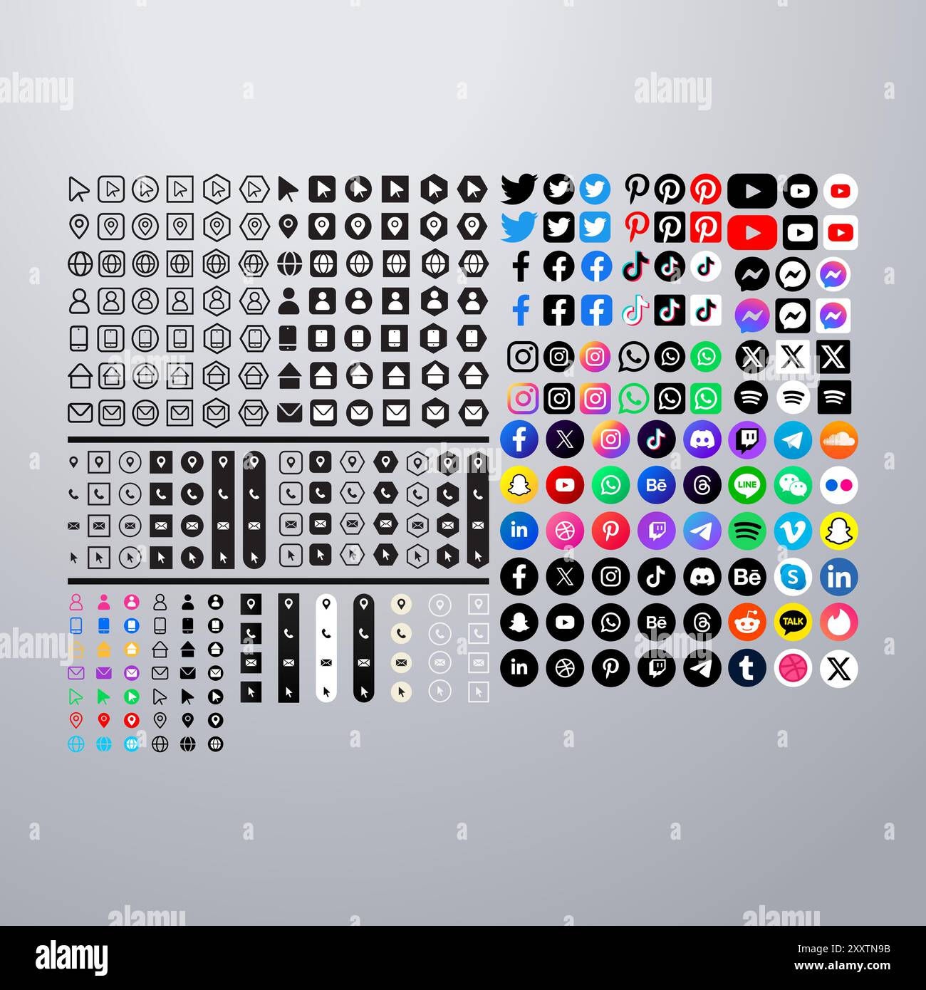 Icone delle informazioni di contatto e raccolta di logo dei social media. Modificabile, EPS 10, illustrazione vettoriale. Illustrazione Vettoriale