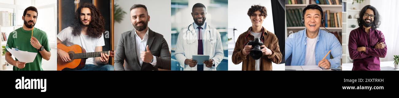 Diversi gruppi di uomini in varie professioni e attività Foto Stock