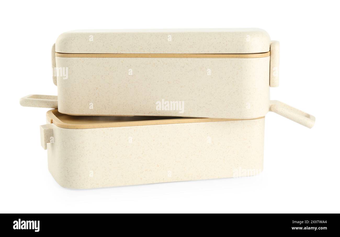 Portavivande in plastica beige isolate su bianco Foto Stock