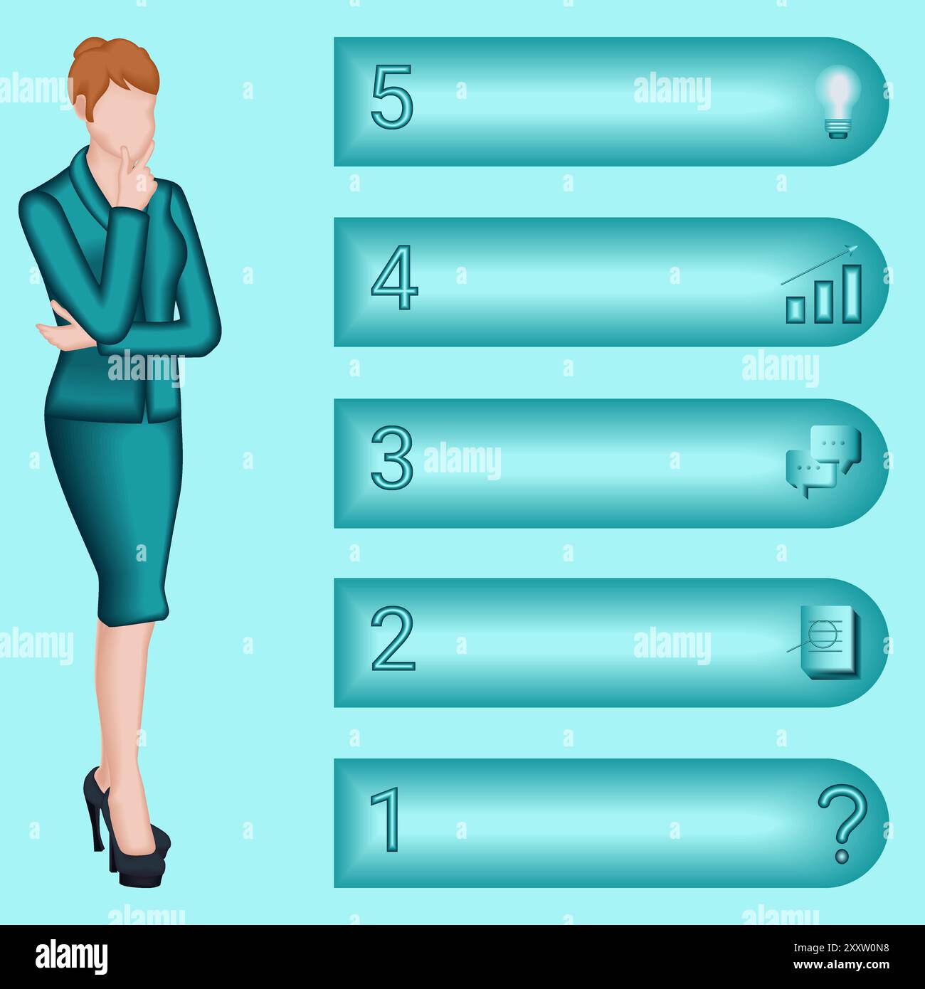 Donna che utilizza 5 fasi per identificare problemi o opportunità nel processo decisionale. Concetto di business. Illustrazione vettoriale 2D. Illustrazione Vettoriale