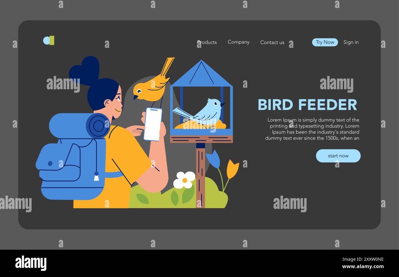 Concetto di birdwatching. Appassionato di osservazione di una casa per uccelli con smartphone, esperienza di interazione con la natura. Illustrazione vettoriale. Illustrazione Vettoriale