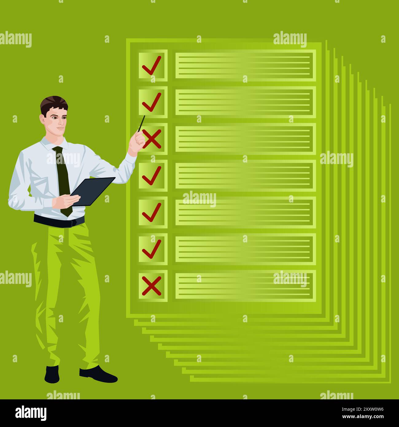 Uomo che ricerca i risultati del sondaggio per identificare e comprendere i problemi durante il processo decisionale. Concetto di business. Illustrazione vettoriale piatta. Illustrazione Vettoriale