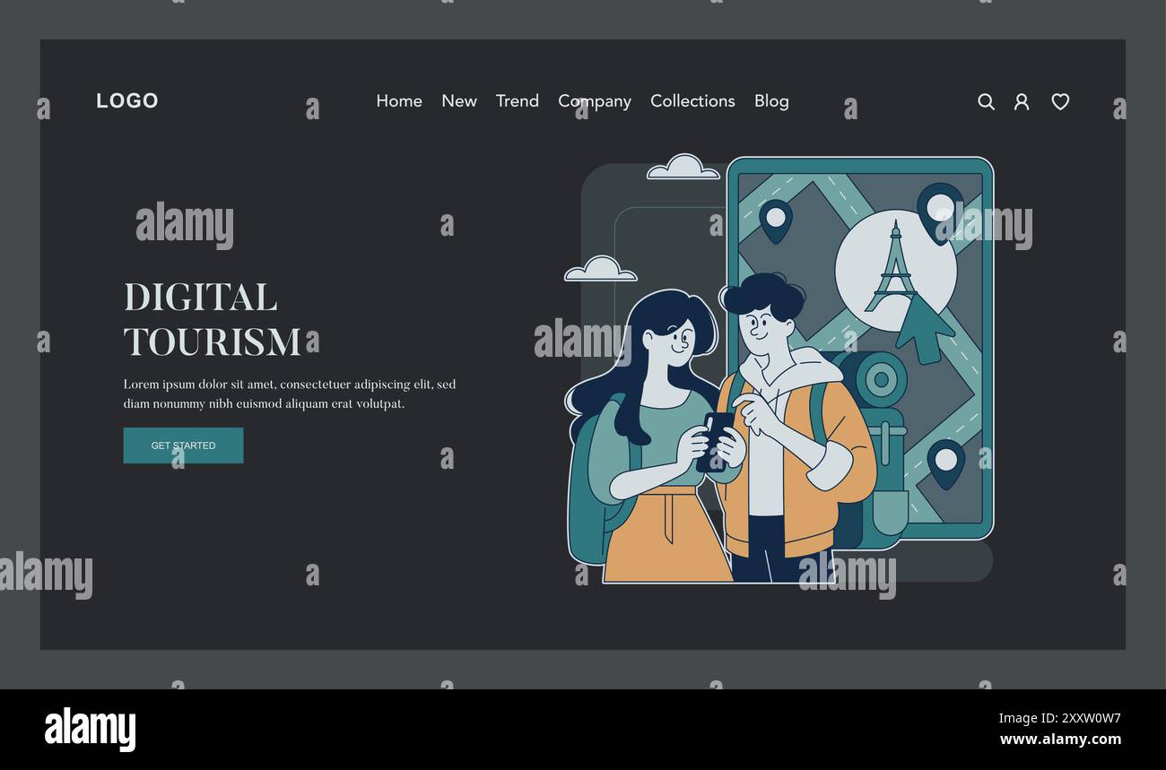 Giornata Mondiale del Turismo. Illustrazione di una coppia che pianifica un viaggio utilizzando uno smartphone con punti di riferimento iconici. Esplorazione digitale delle destinazioni. Illustrazione vettoriale. Illustrazione Vettoriale