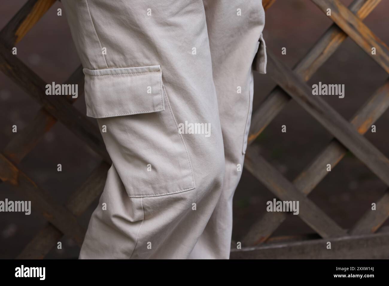 Primo piano di pantaloni beige con tasca laterale su sfondo reticolato, ideale per abbigliamento o grafica avventurosa all'aperto. Eleganti pantaloni cargo beige con Foto Stock