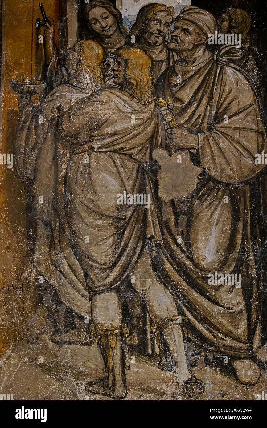 Un gruppo di uomini e donne ricchi, che portano doni, aspetta di entrare in una stanza di tribunale e cercare giustizia. Particolare affresco di Giovanni Antonio Bazzi (1477 - 1549), conosciuto in vita come il Sodoma, nella Loggia del giudice, un portico nel cortile del Palazzo Comunale a San Gimignano, Toscana, Italia. L'affresco completo raffigura Sant'Ivo o Sant'Ives come un giovane giudice che amministra giustizia ai poveri all'interno della sala del tribunale. Foto Stock