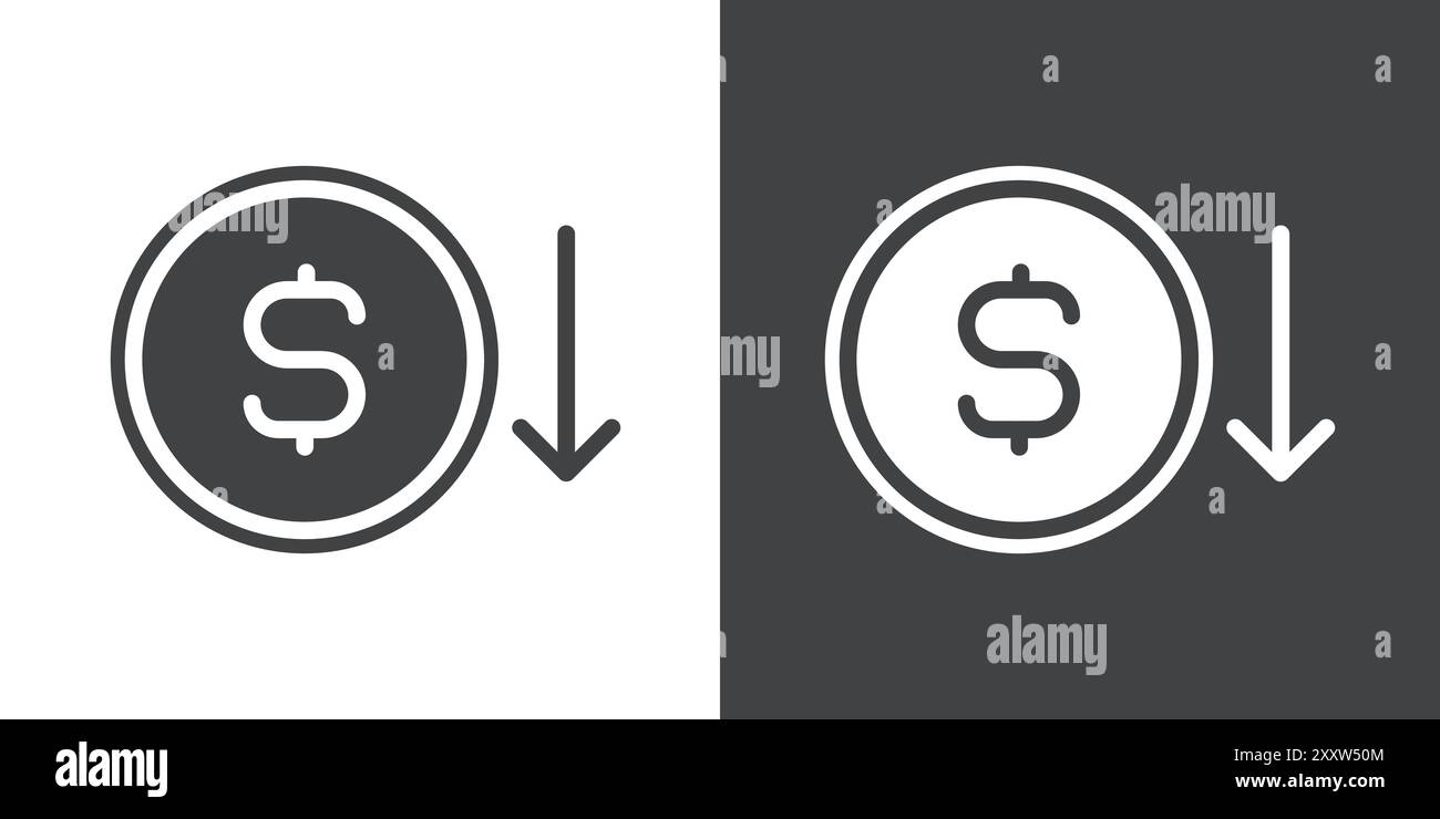 Icona perdita economica Set piatto in bianco e nero contorno vettoriale Illustrazione Vettoriale