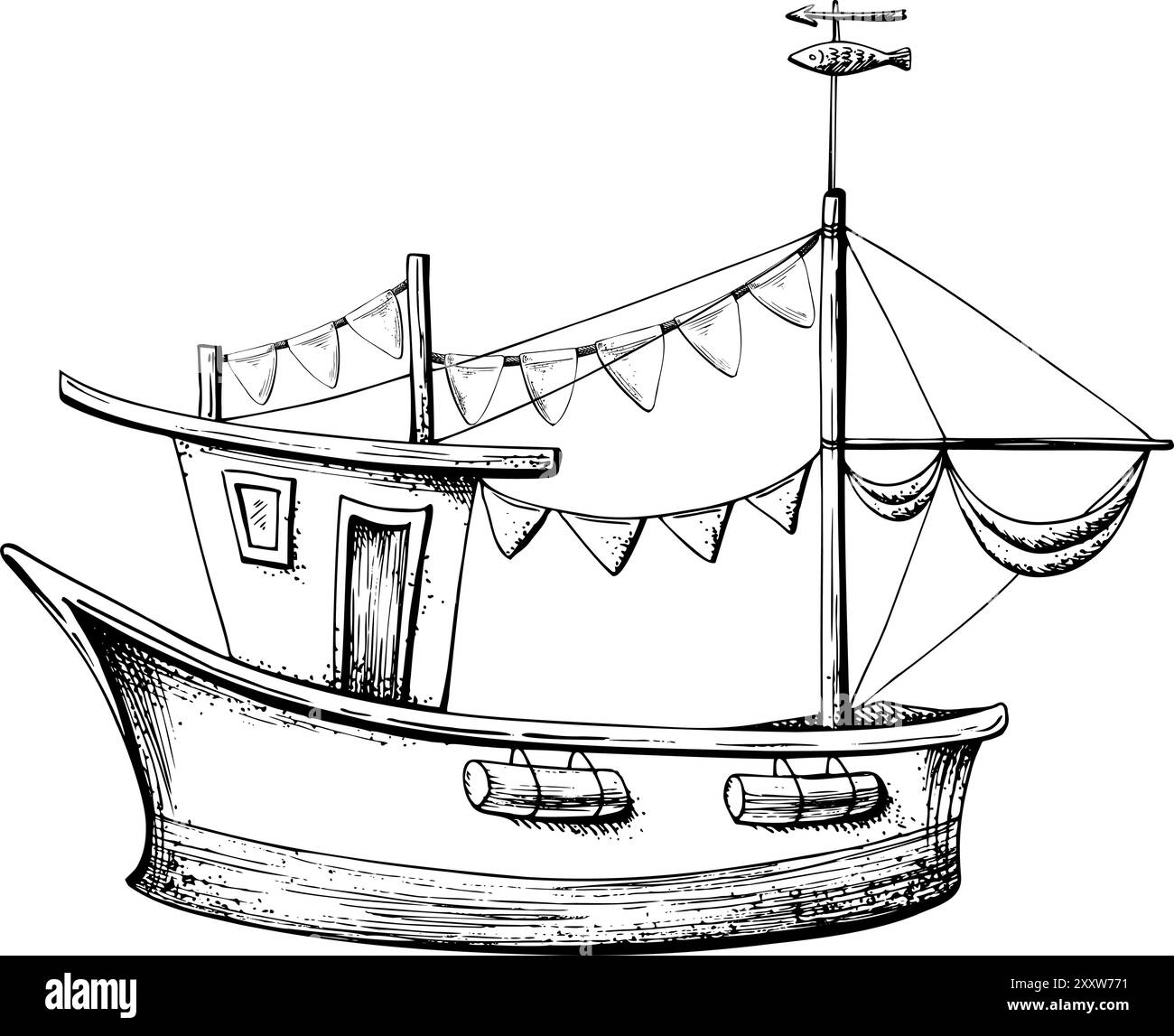 Barca a vela da pesca con ghirlanda di bandiere. Grafica grafica disegnata a mano in bianco e nero monocromatico. Elemento nautico marino. Illustrazione Vettoriale