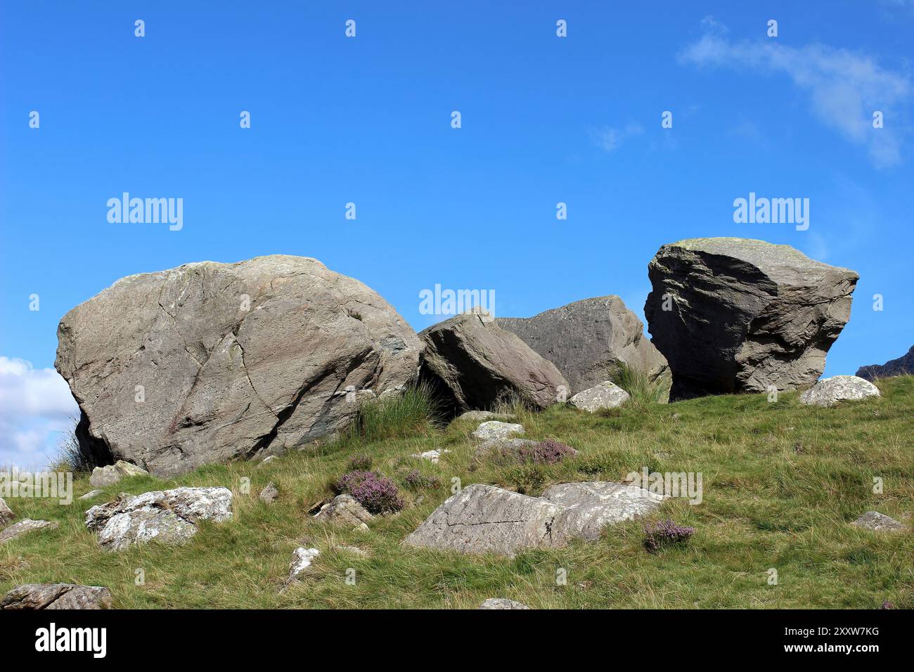 Massi erratici glaciali a Cwm Idwal, Snowdonia, Galles Foto Stock