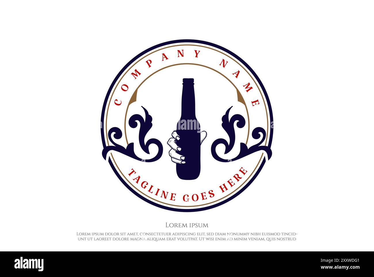 Bottiglia vintage retro per il badge della birra al vino Whiskey Emblem Label Logo Design Vector Illustrazione Vettoriale