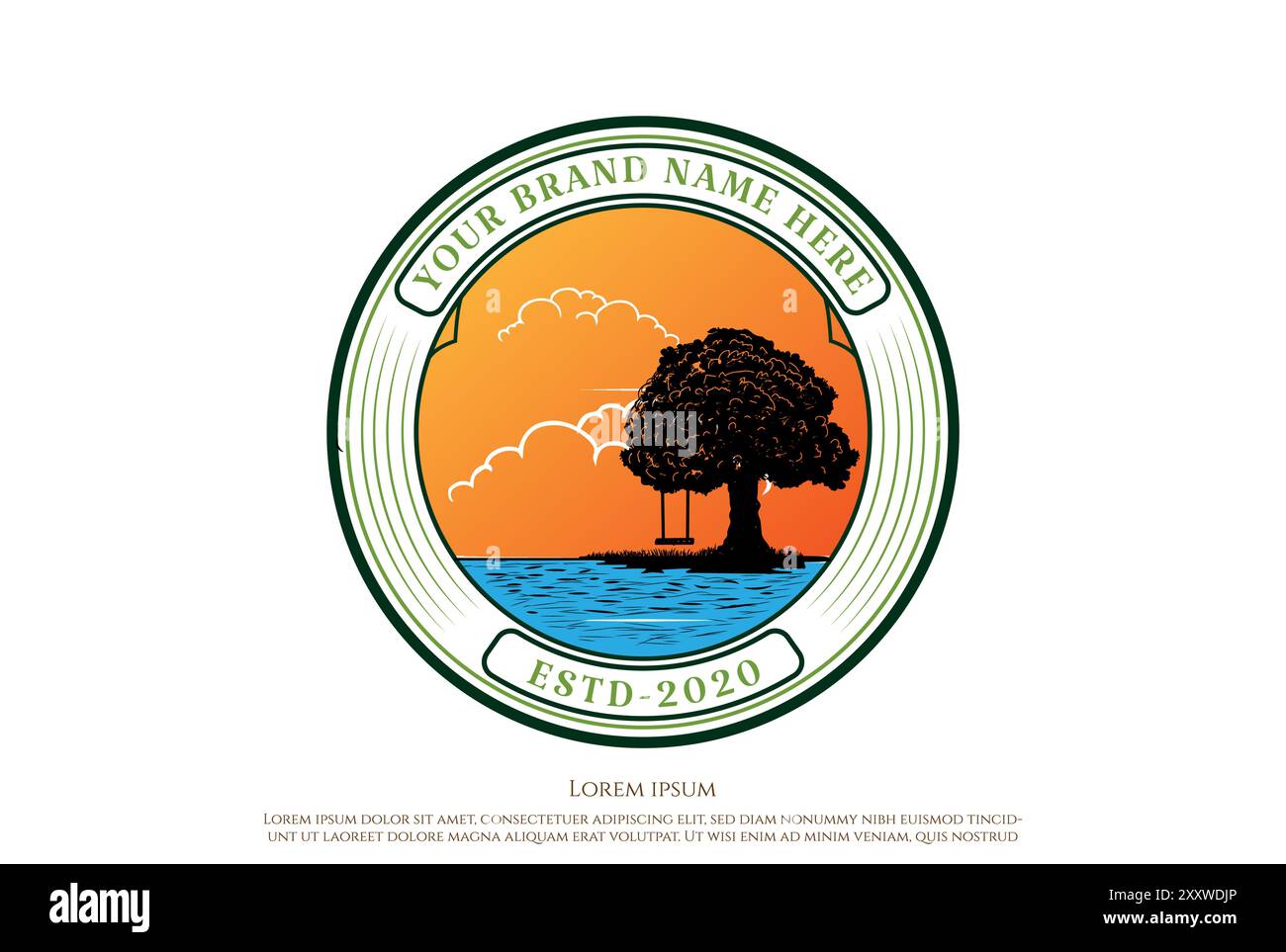 Tramonto vintage rétro con quercia e logo Swing Badge Emblem in legno Design Vector Illustrazione Vettoriale