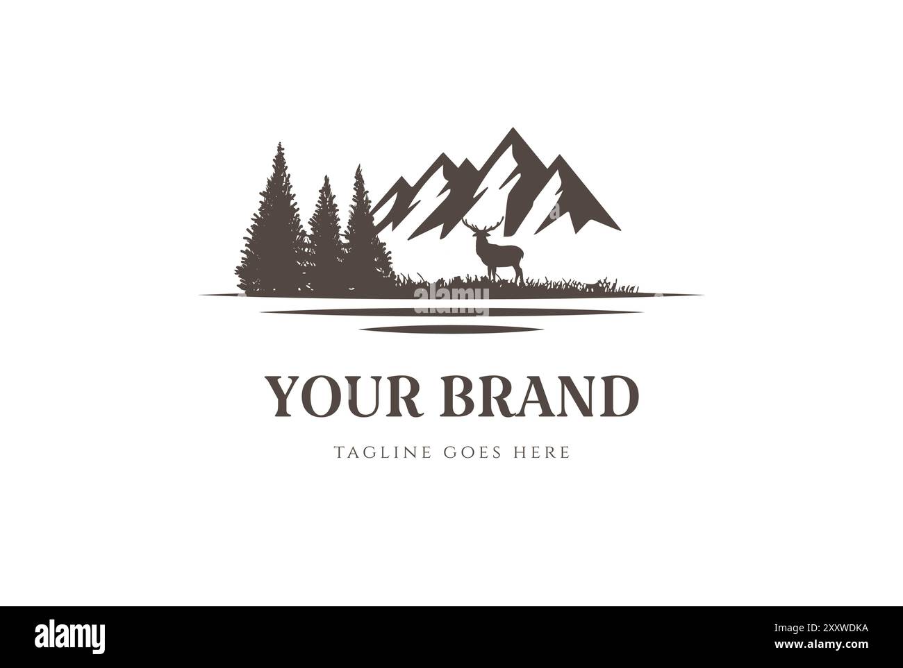 Ice Snow Mountain con Pine Cedar Conifer Evergreen Cypress Hemlock Larch Fir Forest e Lake River Creek per Hunting Adventure Logo Design Vector Illustrazione Vettoriale