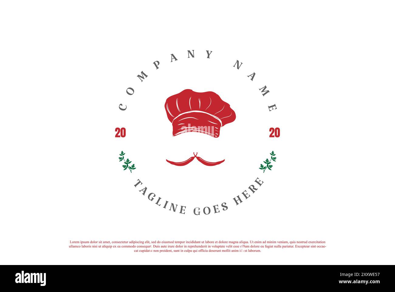 Cappello da chef con baffi al peperoncino per il Cafe Restaurant Logo Design Vector Illustrazione Vettoriale