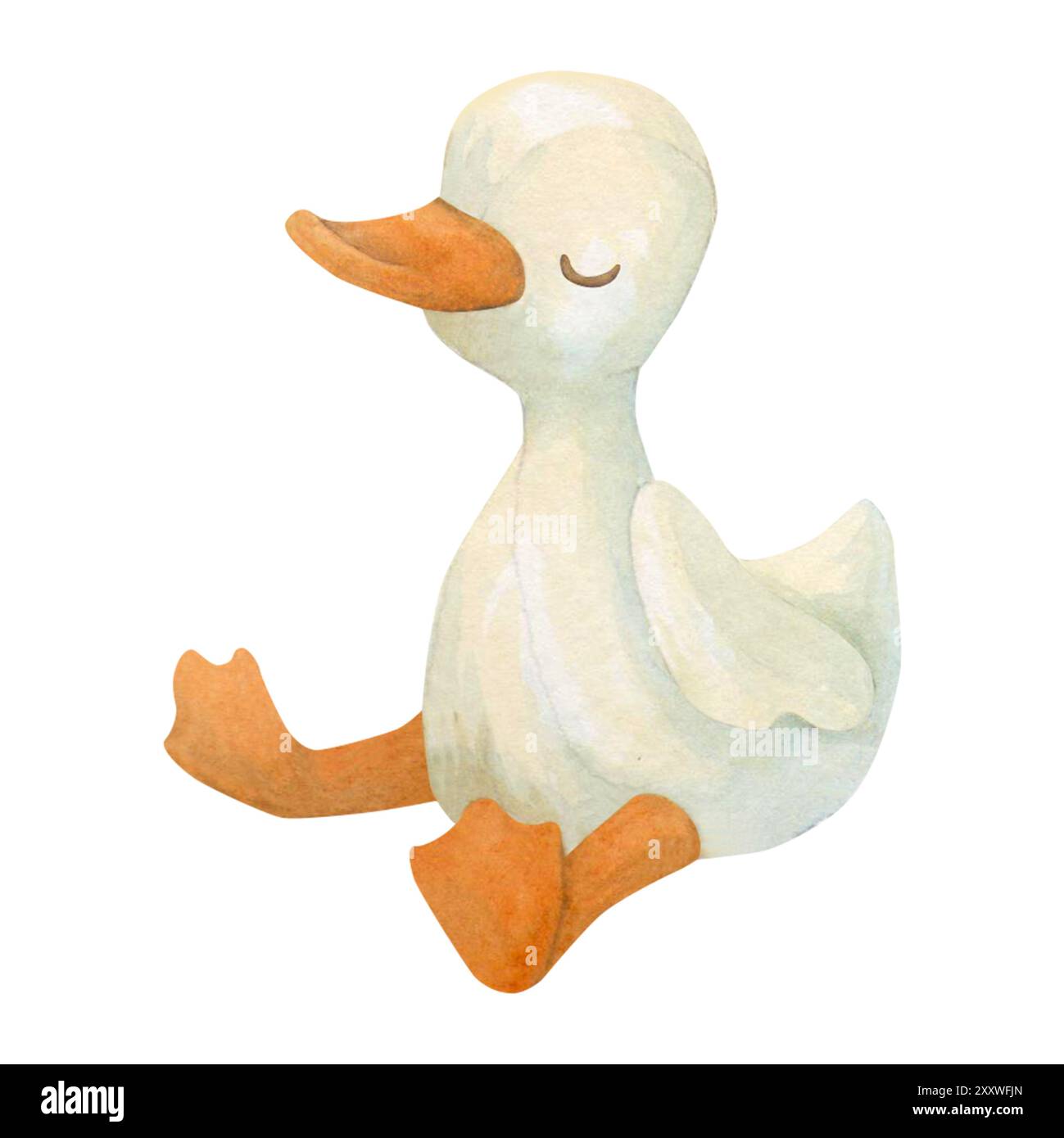 Soffice anatroccolo dormiente o gosling. Illustrazione ad acquerello di un'anatra bianca o un'oca. Scogliera isolata disegnata a mano di bambola di pollame farcita Foto Stock