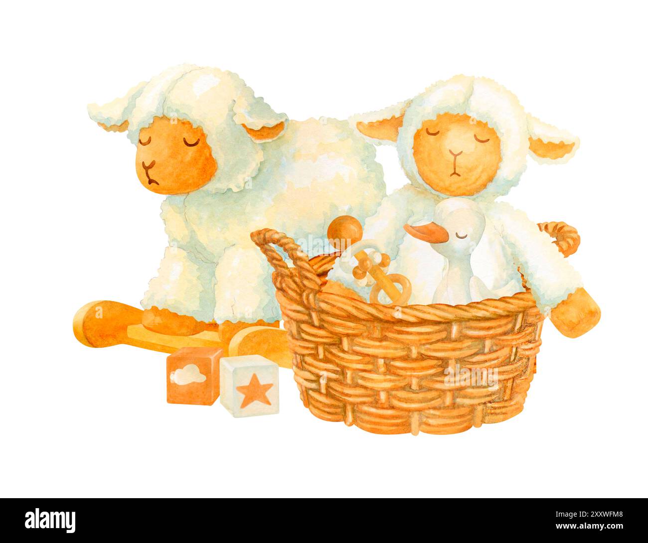 Elemento interno del vivaio. Composizione acquerello di agnello a dondolo e cesto di vimini con peluche: Pecora e gosling. Illustrazione isolata Foto Stock