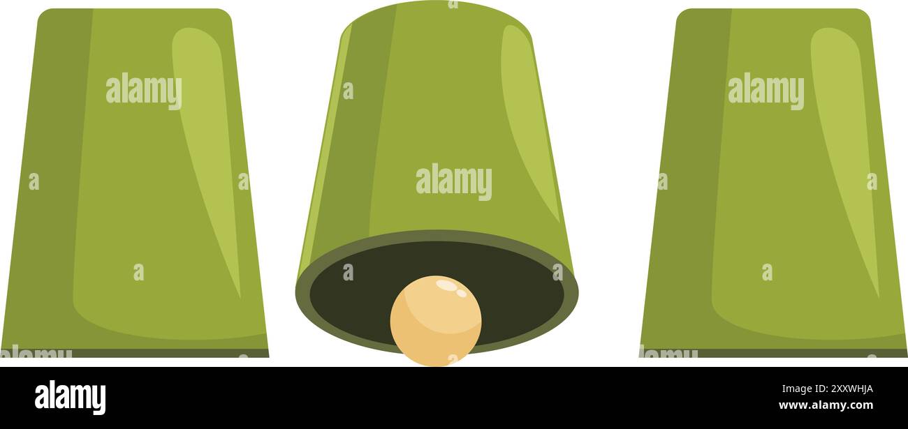 Gioco di shell che mostra la palla nascosta sotto una delle tre coppe verdi Illustrazione Vettoriale