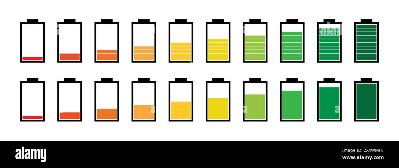 Indicatore di carica della batteria processo da 0 a 100 icone impostate in stile colorato. Serie di indicatori del livello di carica della batteria verticali. Simboli degli indicatori della batteria. Illustrazione Vettoriale