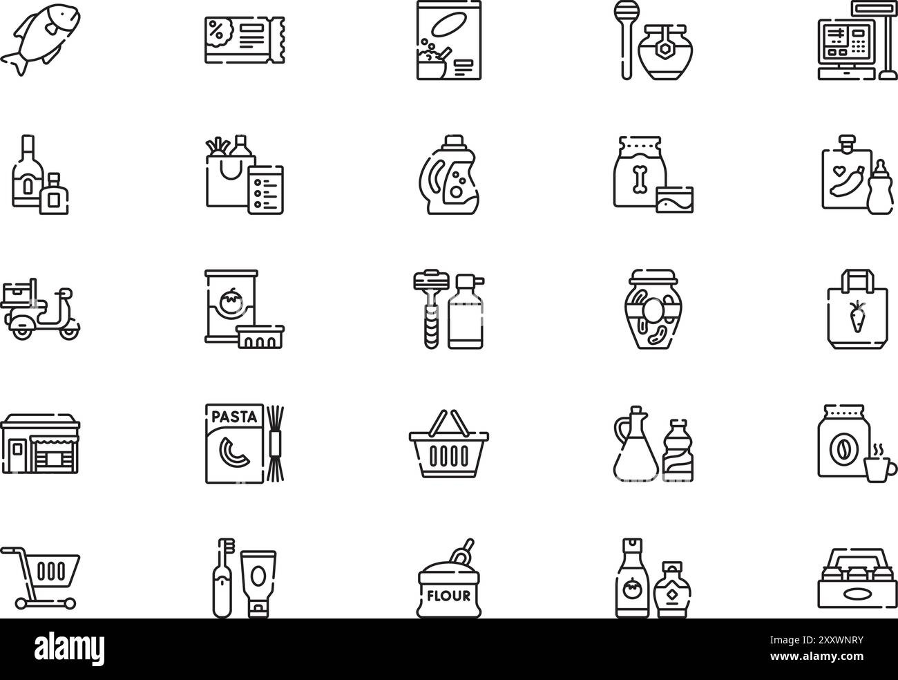 La raccolta di icone della spesa è un'illustrazione vettoriale con tratto modificabile. Illustrazione Vettoriale