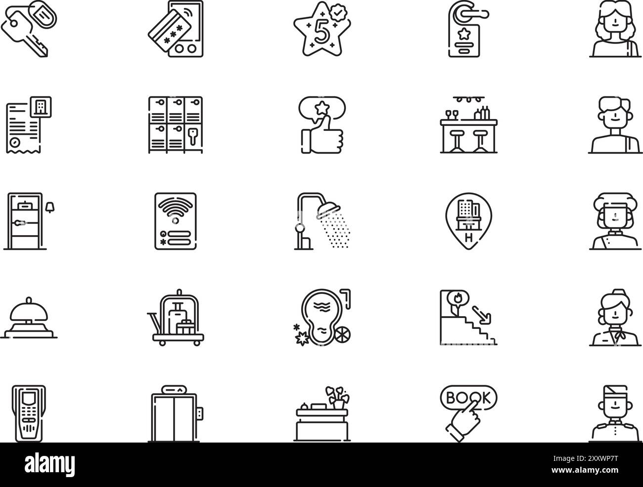 La raccolta icone hotel è un'illustrazione vettoriale con traccia modificabile. Illustrazione Vettoriale