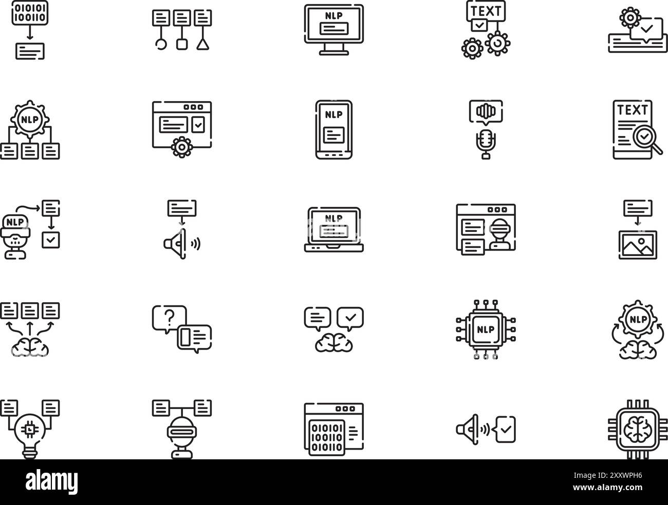 La raccolta di icone di elaborazione del linguaggio naturale è un'illustrazione vettoriale con traccia modificabile. Illustrazione Vettoriale