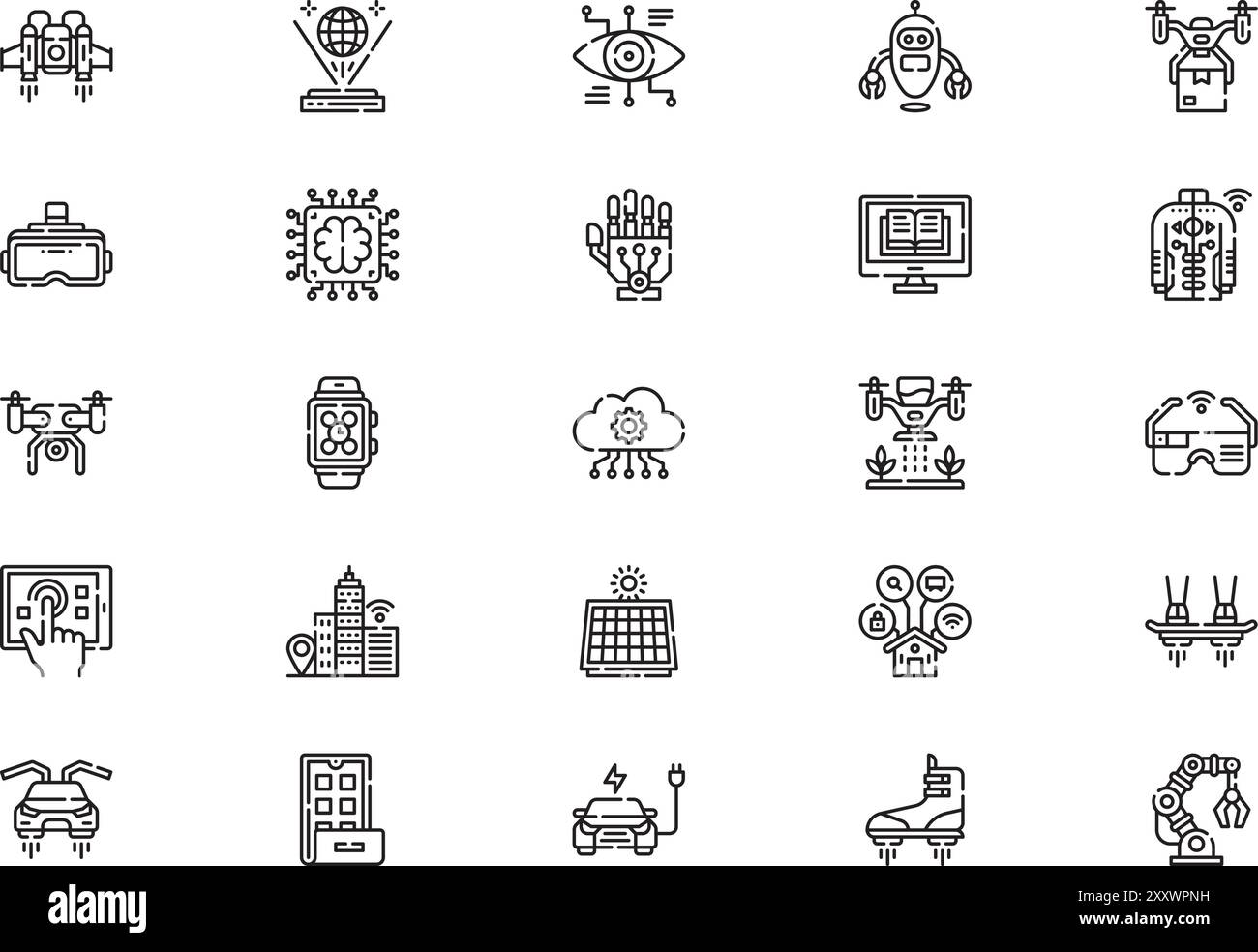 La tecnologia della collezione Future icons è un'illustrazione vettoriale con traccia modificabile. Illustrazione Vettoriale