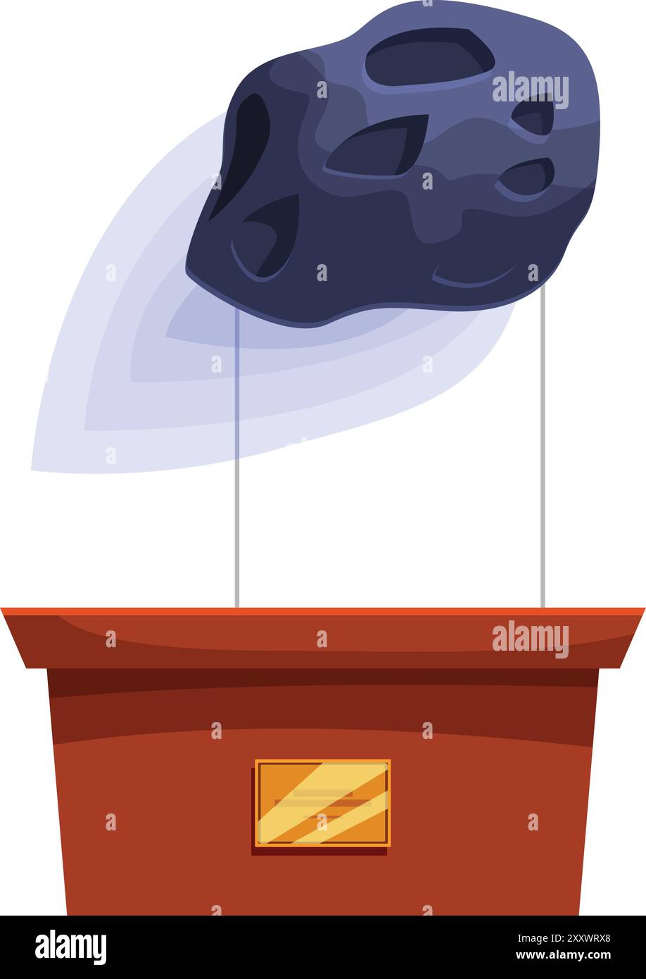 Un grande asteroide galleggia su una piattaforma museale, suggerendo una mostra di rocce spaziali Illustrazione Vettoriale