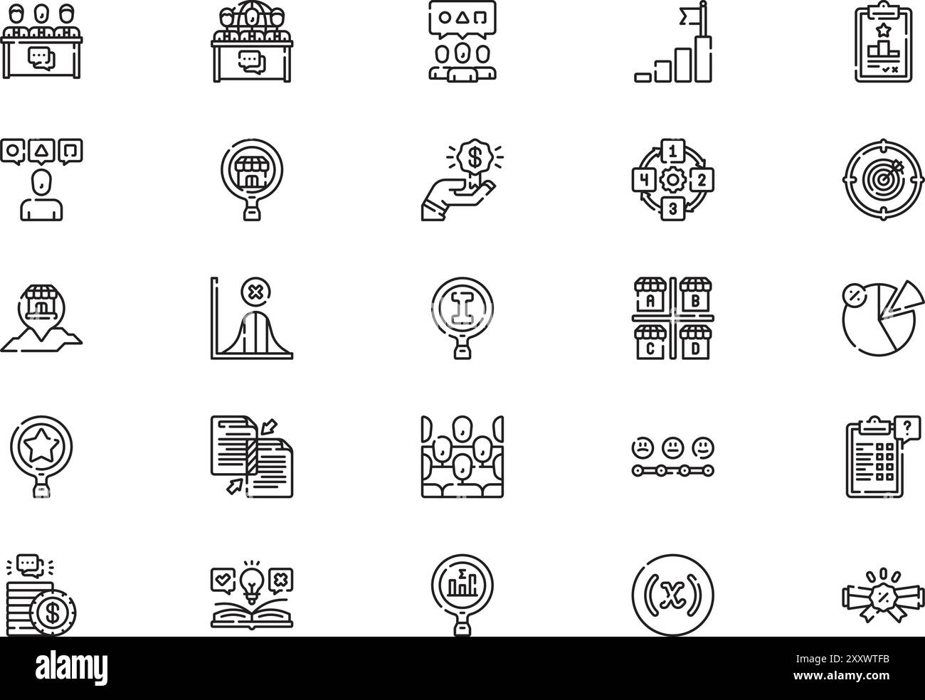 La raccolta di icone di ricerche di mercato è un'illustrazione vettoriale con traccia modificabile. Illustrazione Vettoriale