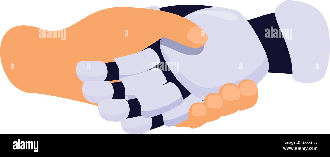 Uomo d'affari che stringe la mano con un robot che simboleggia la collaborazione tra umani e intelligenza artificiale Illustrazione Vettoriale