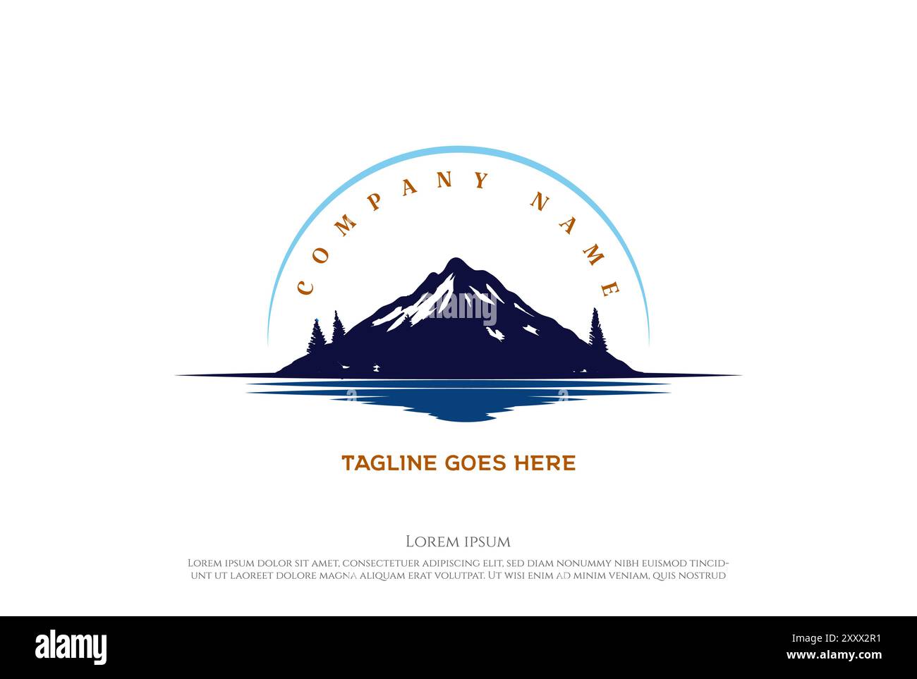 Montagna con Pine Cedar Conifer Cypress Evergreen Tree Forest e Lake River Creek Logo Design Vector Illustrazione Vettoriale
