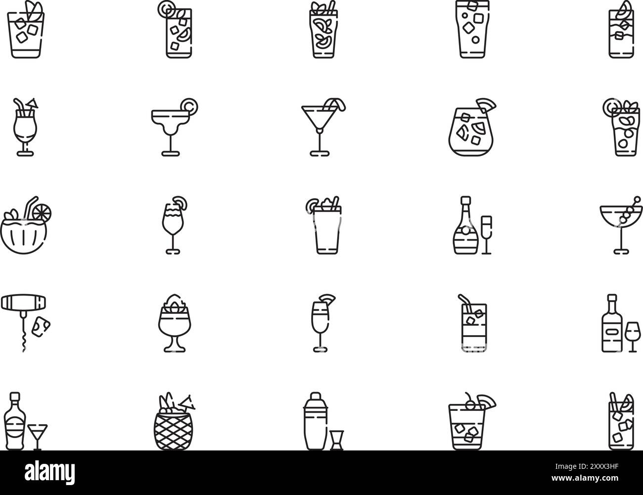 La collezione cocktails icons è un'illustrazione vettoriale con tratto modificabile. Illustrazione Vettoriale