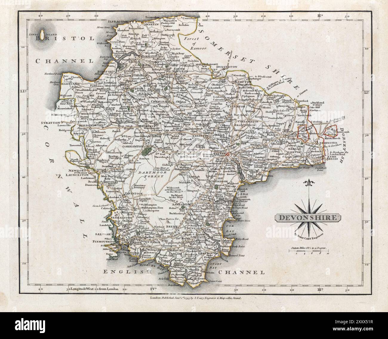 Una stampa cartografica antica del XVIII secolo della contea inglese di Devon o Devonshire Inghilterra Regno Unito evidenzia città, strade e caratteristiche geografiche della regione, la mappa presenta dettagli più fini come fiumi, monumenti e una rosa di bussola. Foto Stock