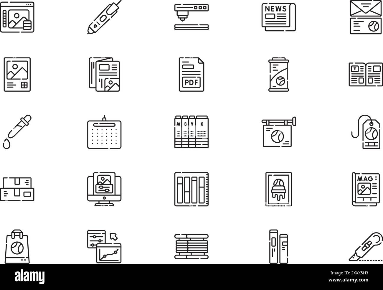La raccolta di icone di stampa è un'illustrazione vettoriale con tratto modificabile. Illustrazione Vettoriale