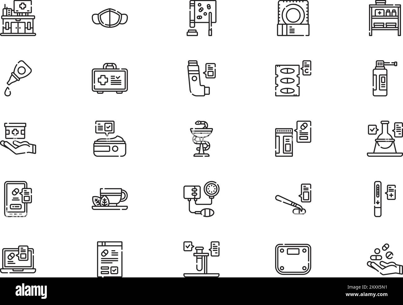La raccolta delle icone della farmacia è un'illustrazione vettoriale con tratto modificabile. Illustrazione Vettoriale