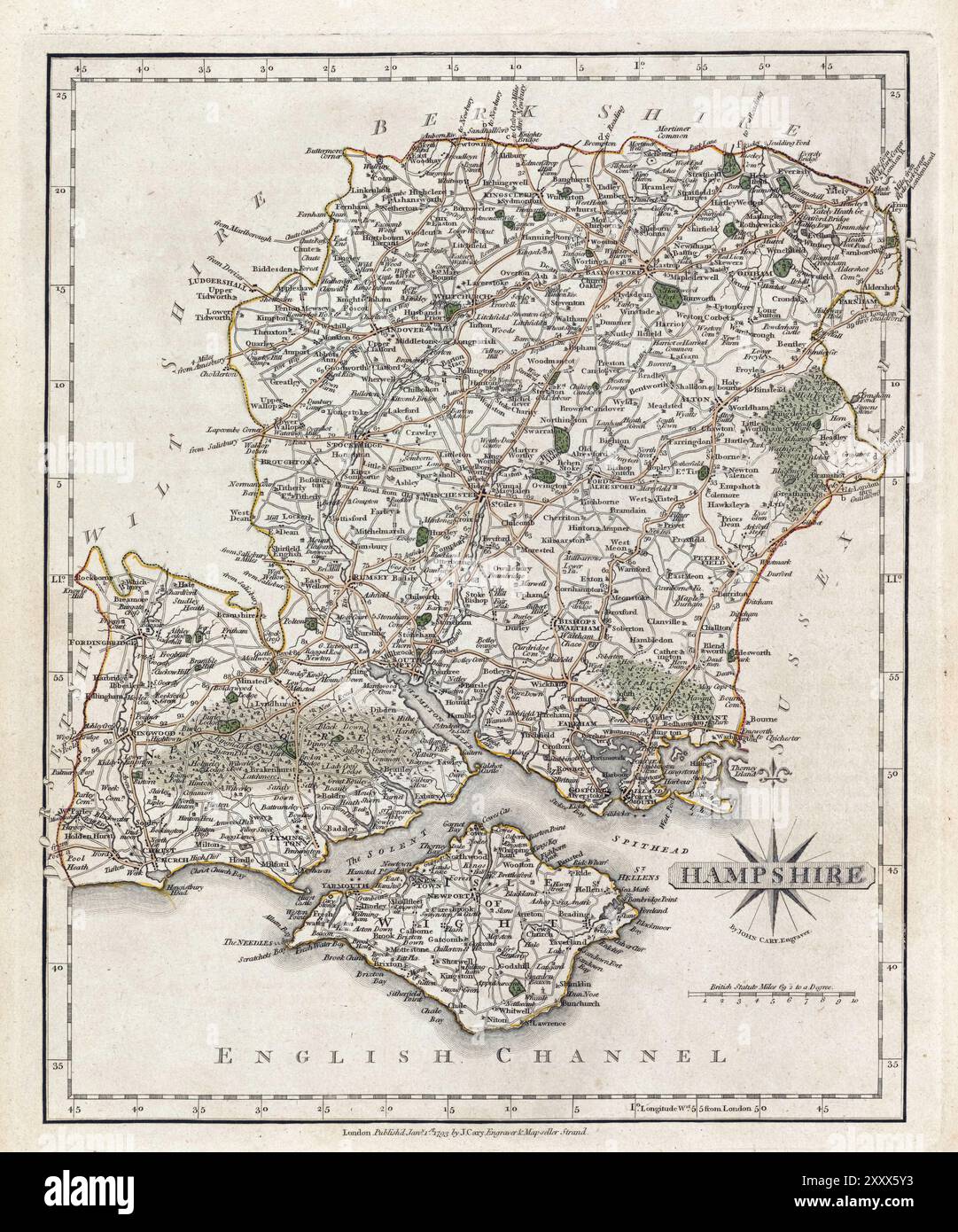 Una mappa vintage del XVIII secolo raffigura la contea inglese dell'Hampshire Inghilterra Regno Unito e le sue regioni circostanti, con i dettagli di città, strade e caratteristiche geografiche. Isola di Wight Foto Stock