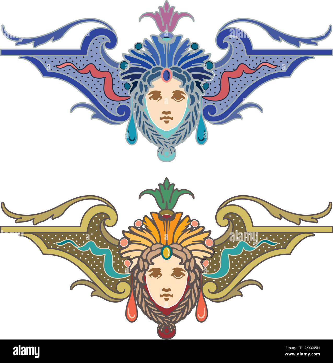 Viso di donna con rami d'ulivo e fiori intrecciati nei capelli. Elemento decorativo della facciata di un edificio storico di Praga. Repubblica Ceca. V Illustrazione Vettoriale