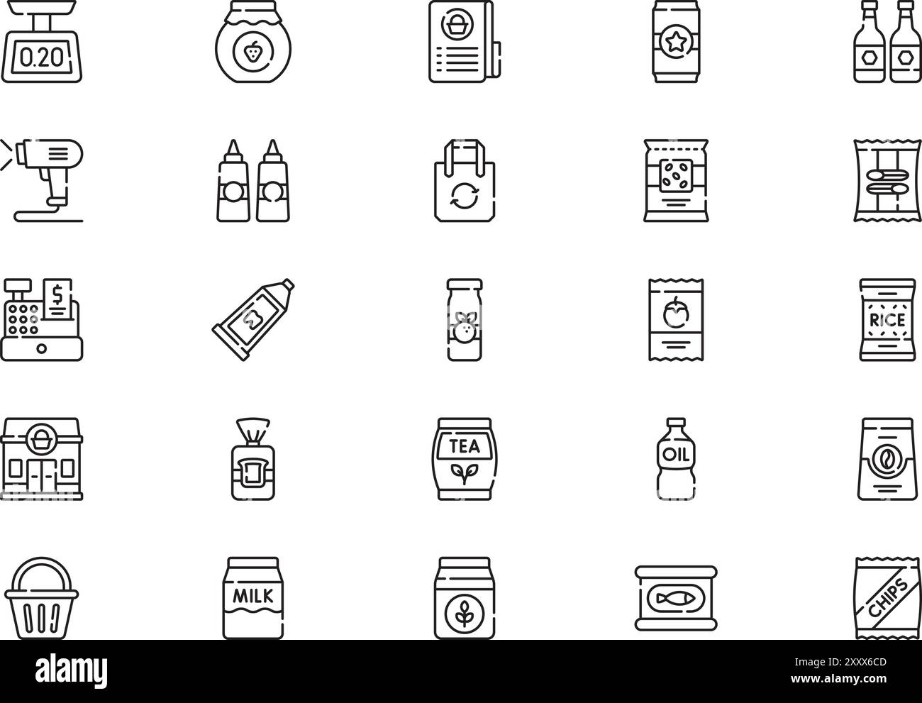 La raccolta di icone della spesa è un'illustrazione vettoriale con tratto modificabile. Illustrazione Vettoriale