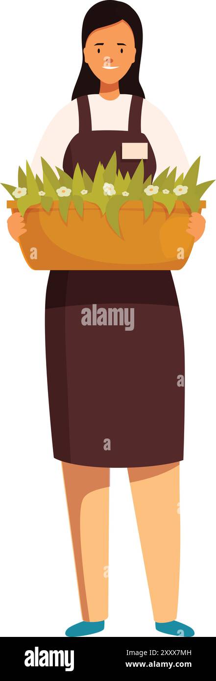 La donna sorridente giardiniera sta tenendo una scatola di fiori con entrambe le mani Illustrazione Vettoriale