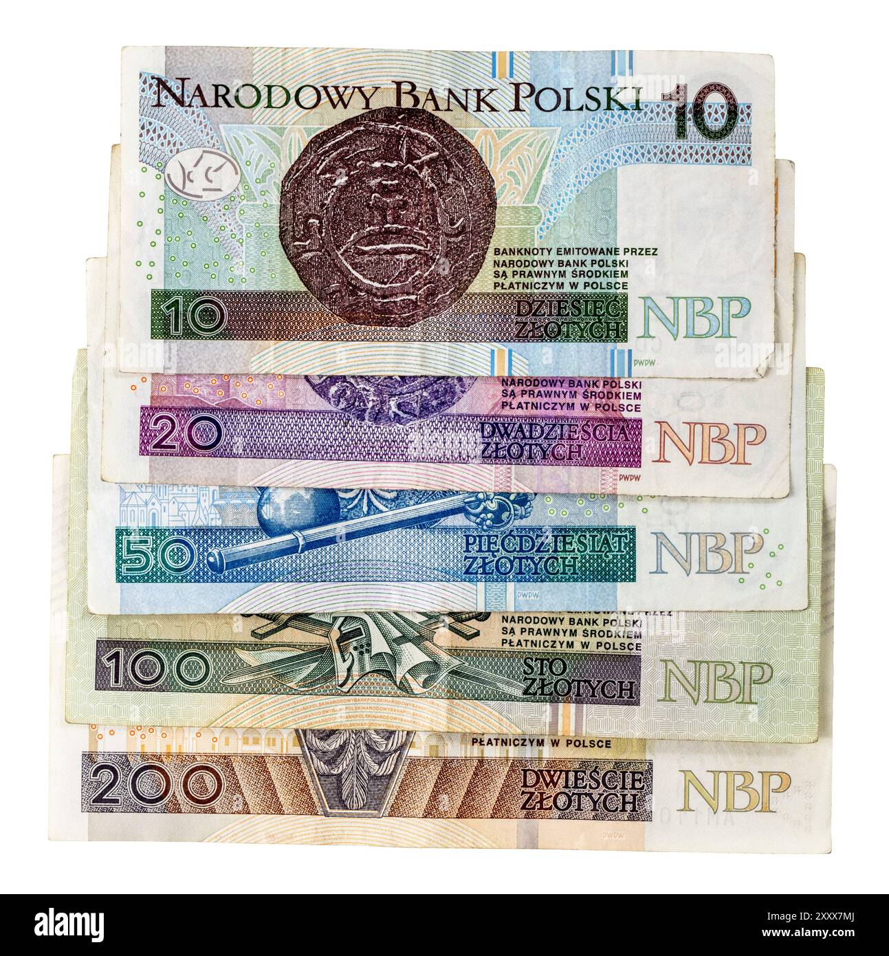 Banconote polacche disposte per tagli: 10, 20, 50, 100 e 200 złoty. Foto Stock