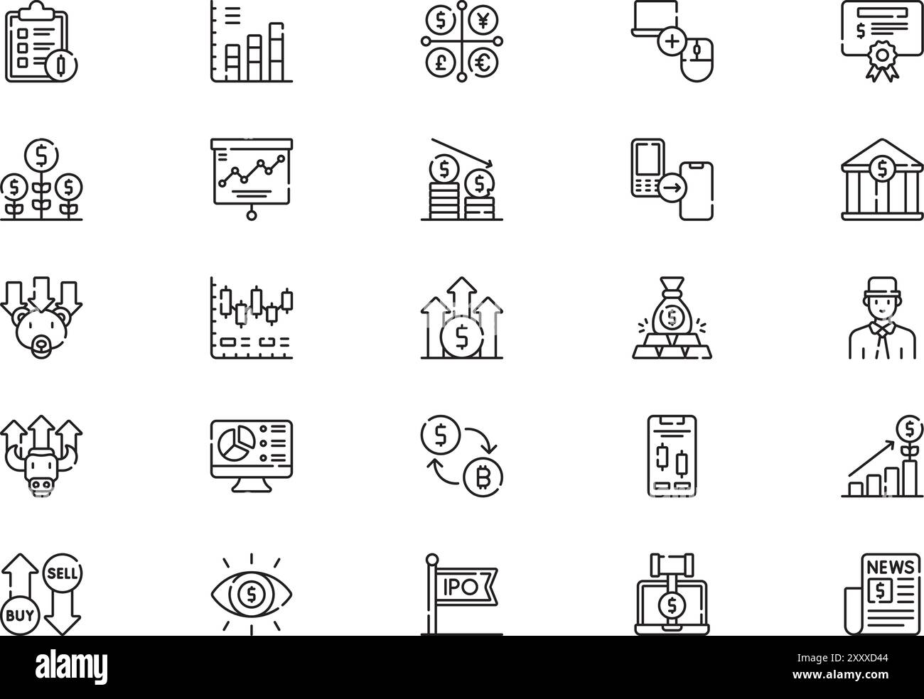 La raccolta di icone di trading è un'illustrazione vettoriale con tratto modificabile. Illustrazione Vettoriale