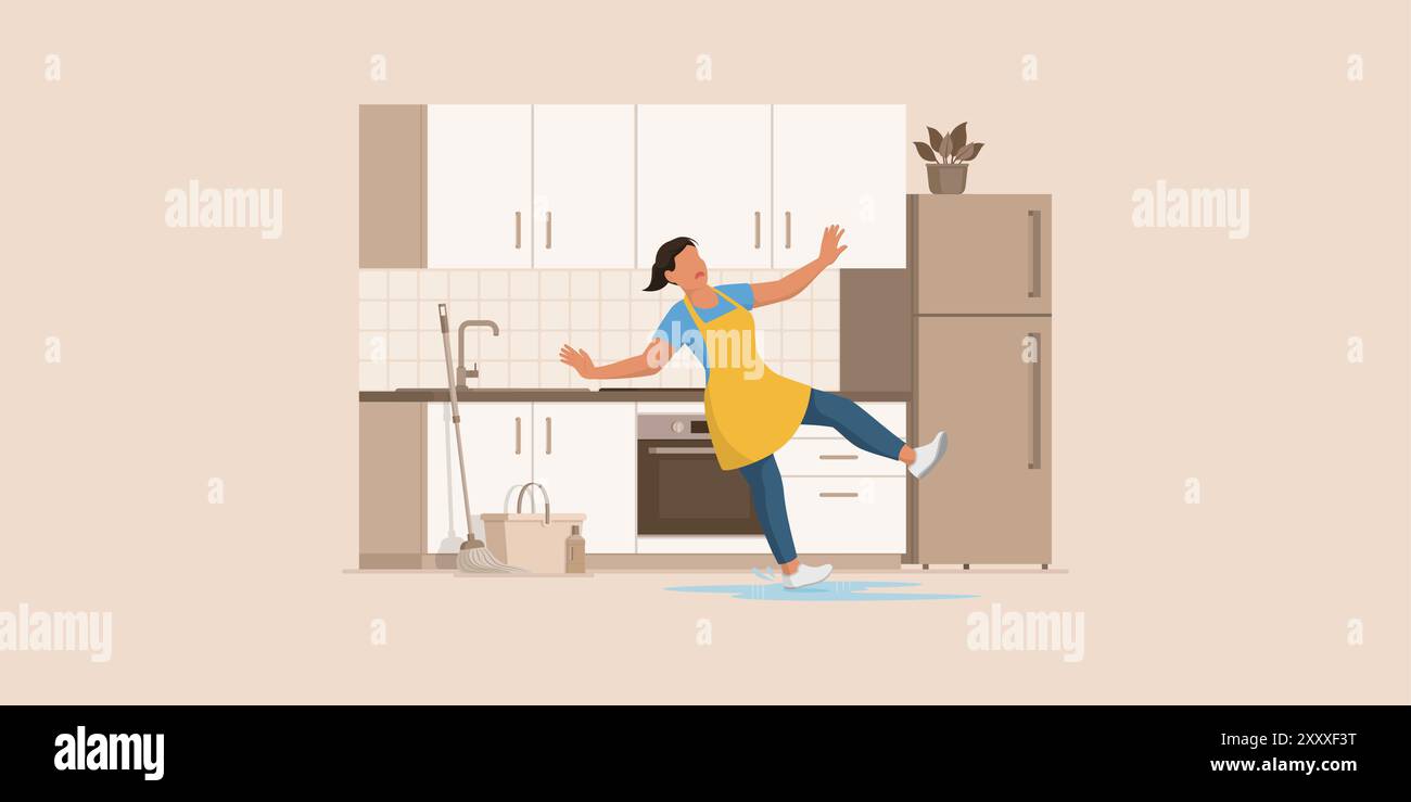 Incidente domestico: Donna che scivola su un pavimento bagnato a casa in cucina Illustrazione Vettoriale